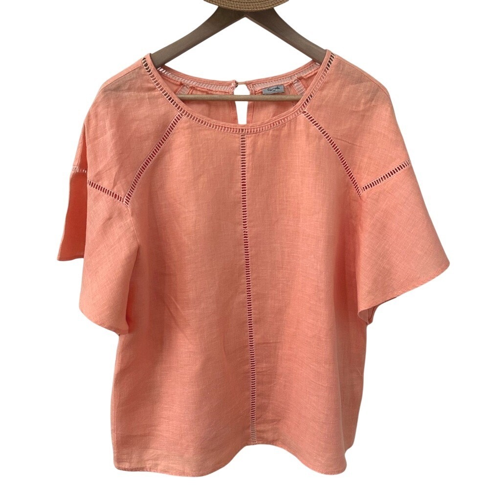 Symple NYC Blouse S Coral Linen Ladder Stitch‎ Short Sleeve Raglan Top